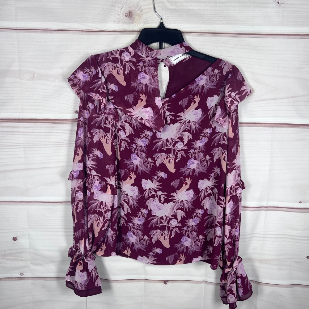 Three Floor Blouse Women 4 Purple Anemone Floral Ruffle Top Cut Out Shoulder